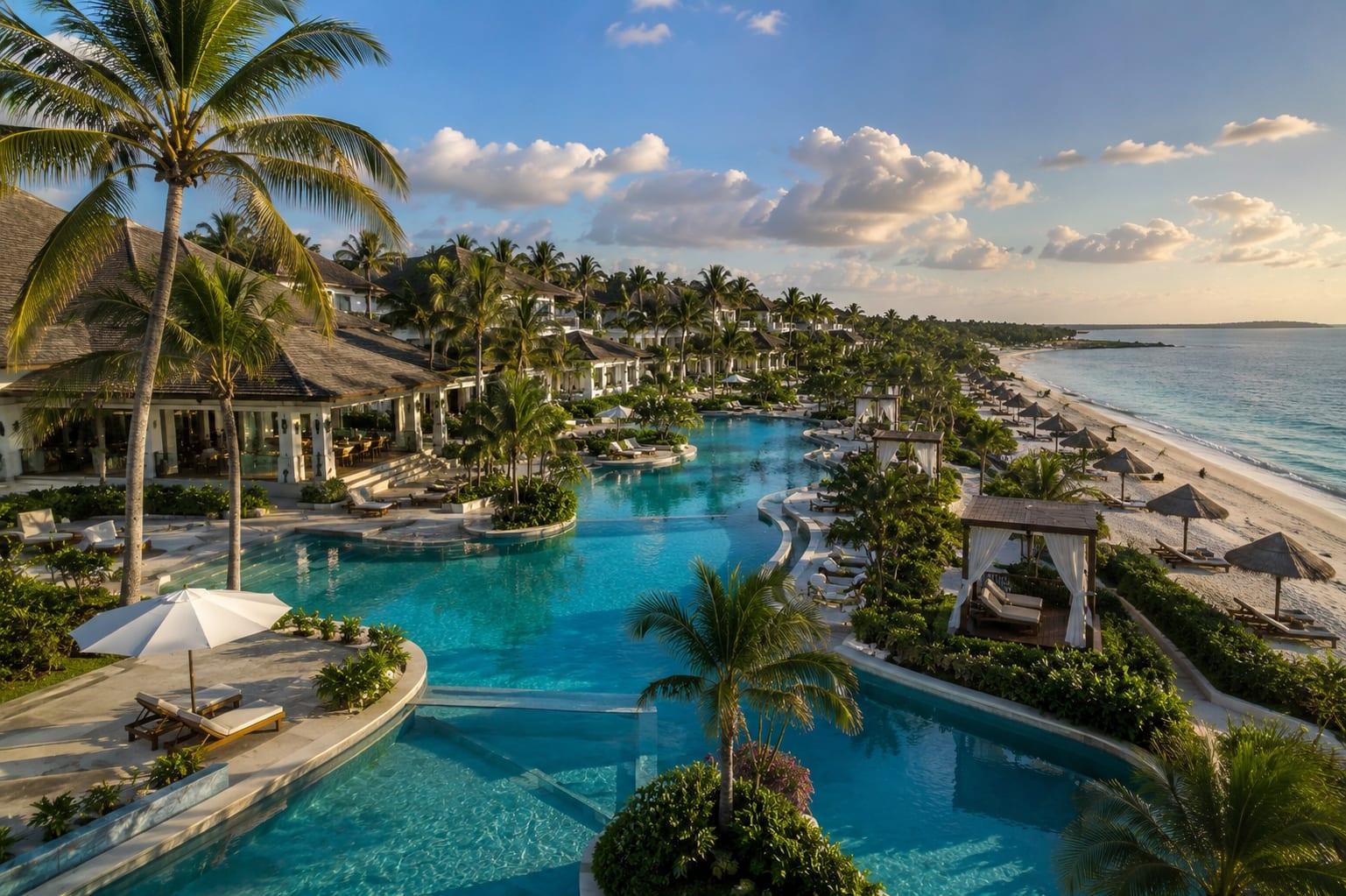 Aerial rendering of a beachfront luxury resort with multi-tier infinity pools, cabanas, and a white-sand beach at golden hour.