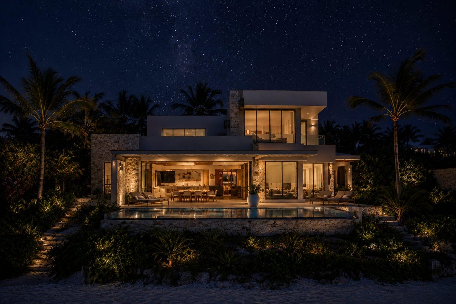 Rendering of an ultra-luxury waterfront villa illuminated at night, with infinity pool, floor-to-ceiling glazing, and palm-framed terrace.