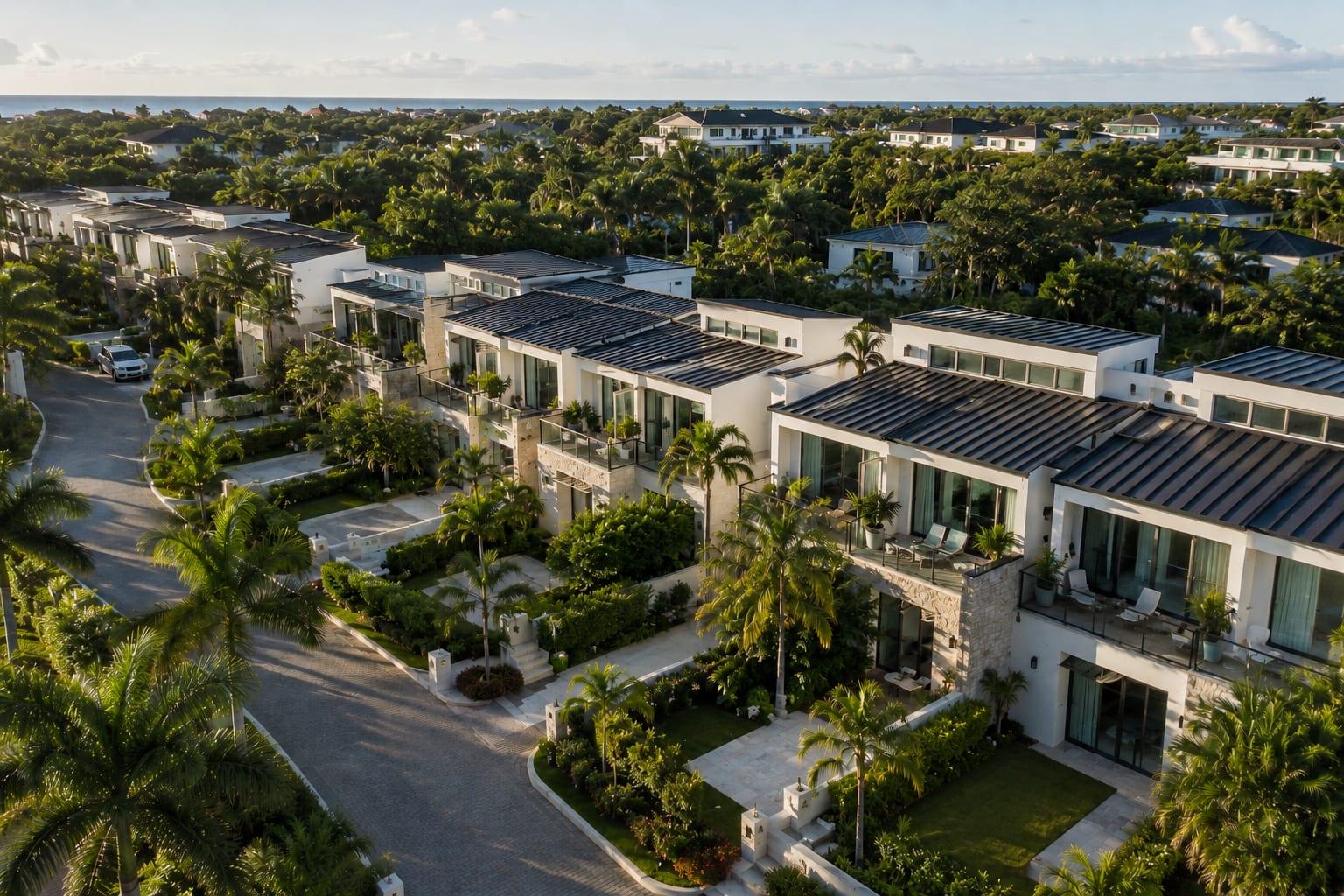 Aerial rendering of a master-planned residential community with modern villas, palm-lined streets, and ocean beyond.