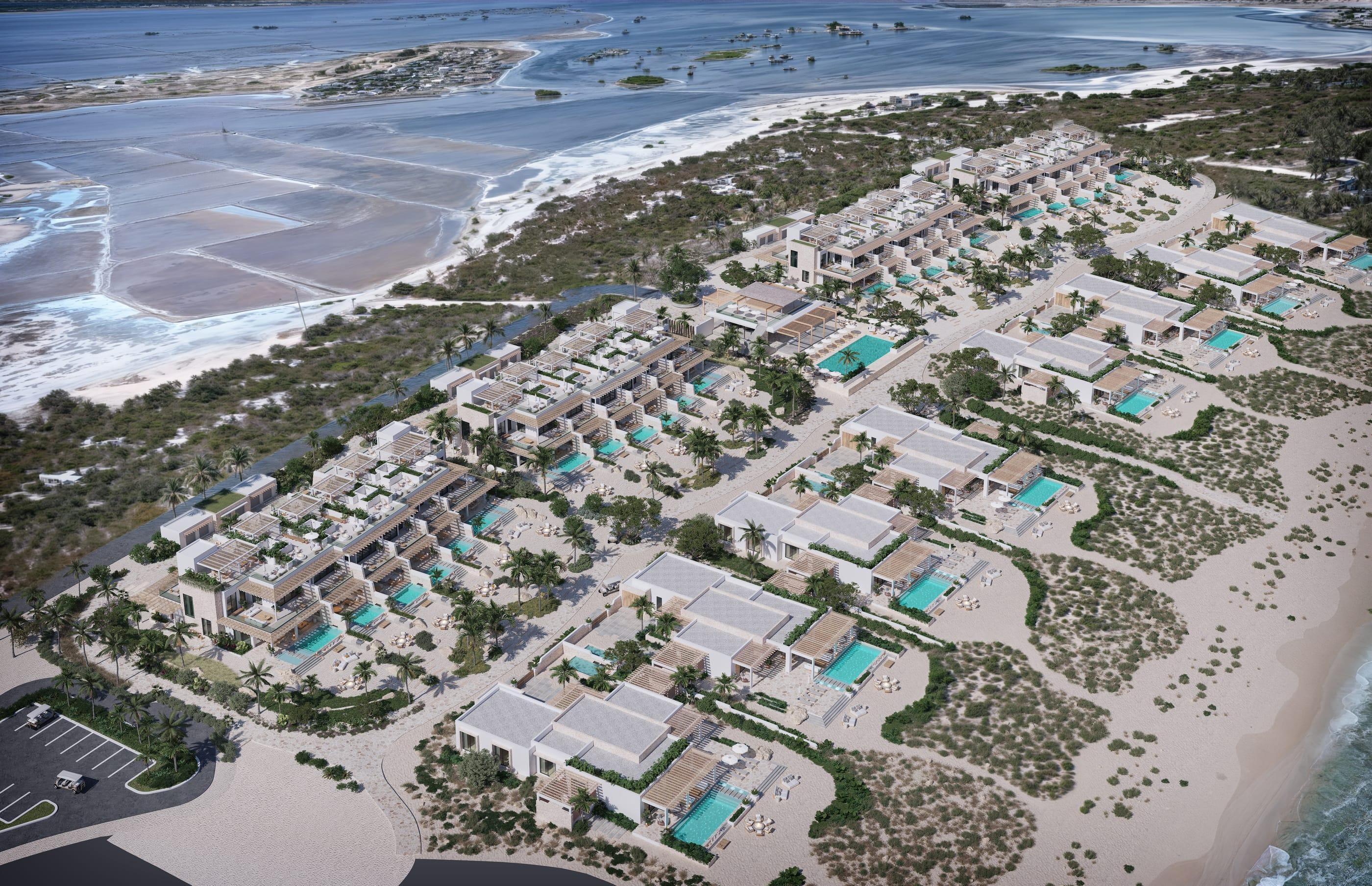 Aerial masterplan view of The Residences at Salterra on South Caicos, set between beach and salt flats.
