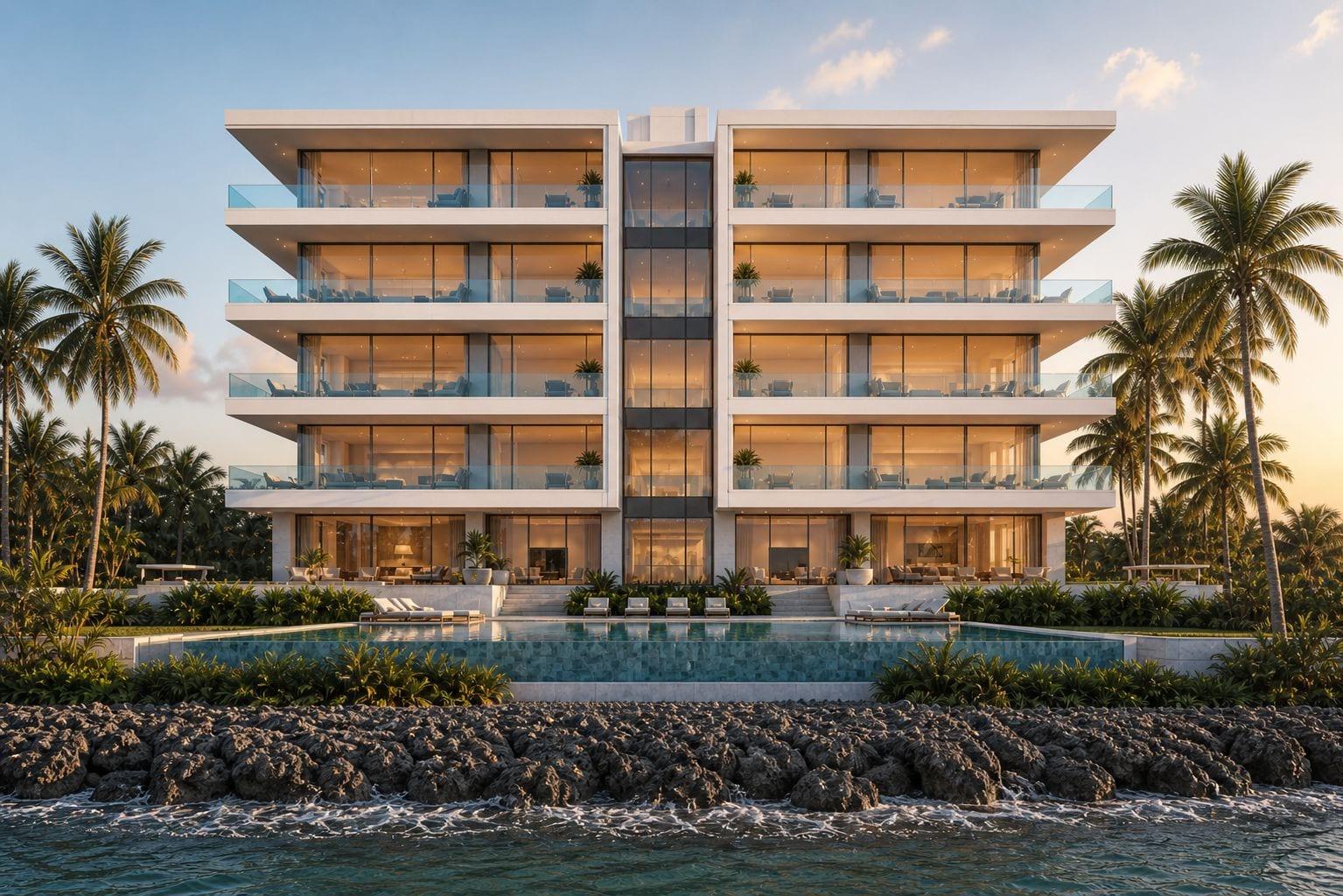 The Set — five-storey villa block on Grand Cayman’s South Sound Iron Shore frontage at golden hour, infinity pool in foreground.